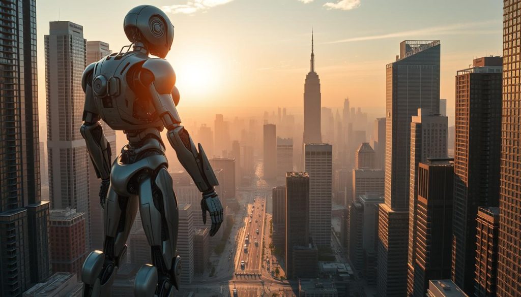A sprawling cityscape, its towering skyscrapers reaching towards the heavens. In the foreground, a giant robotic figure stands tall, its metallic limbs gleaming under the warm glow of the sun. This is the dawn of a new age, where the Wenstein Corporation's cutting-edge Large Language Models have become the driving force behind the city's technological advancements. The intricate neural networks that power these models are visible, their intricate connections and pathways a testament to the incredible complexity of the AI revolution. In the distance, a fleet of autonomous vehicles navigates the bustling streets, a symbol of the seamless integration of LLMs into our everyday lives. The scene exudes a sense of awe and wonder, a glimpse into the future where the boundaries between man and machine have been blurred.