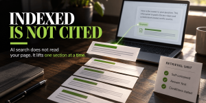 Five printed documentation sections laid out separately on a desk, one lifted and connected by a green line to a cited source in an AI answer on a laptop screen, beside a card headed Retrieval Unit listing self-contained, answer first, and conditions stated.