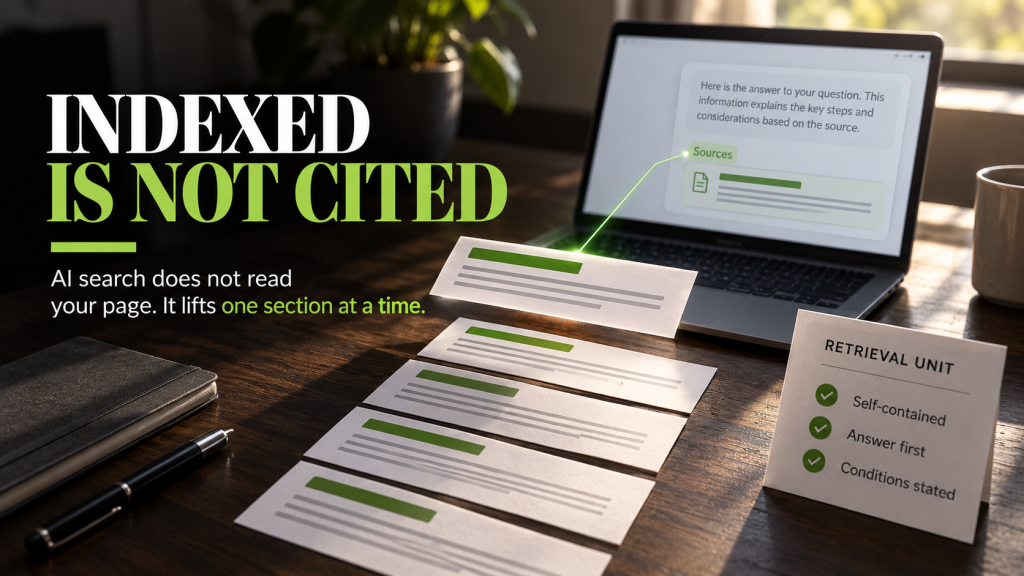 Five printed documentation sections laid out separately on a desk, one lifted and connected by a green line to a cited source in an AI answer on a laptop screen, beside a card headed Retrieval Unit listing self-contained, answer first, and conditions stated.